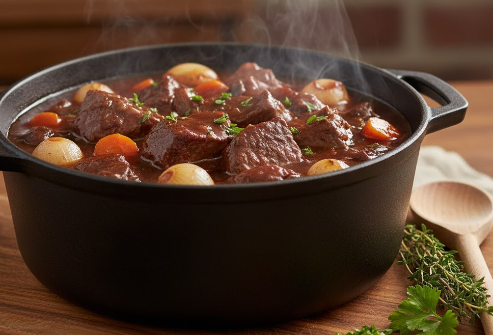 Seasoning wine enhances the rich, savory flavors of this hearty beef stew, a perfect example of its culinary use in deep, braised dishes.
